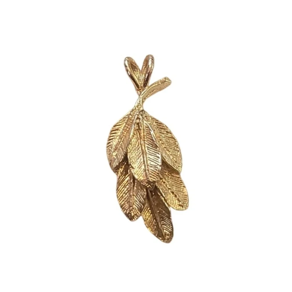 Gold Tone Leaf Cluster Pendant Charm Textured Botanical Nature Inspired Design